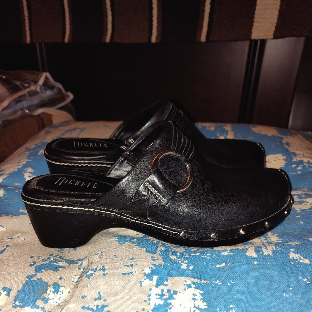 Women's Black Leather Clogs - Size 8